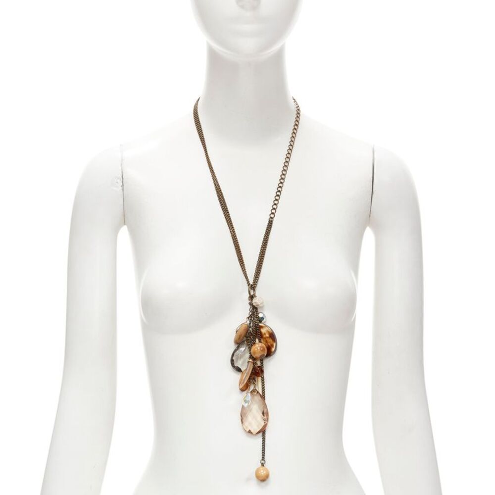 Mimco brown acrylic wood giant crystal charm copper chain necklace